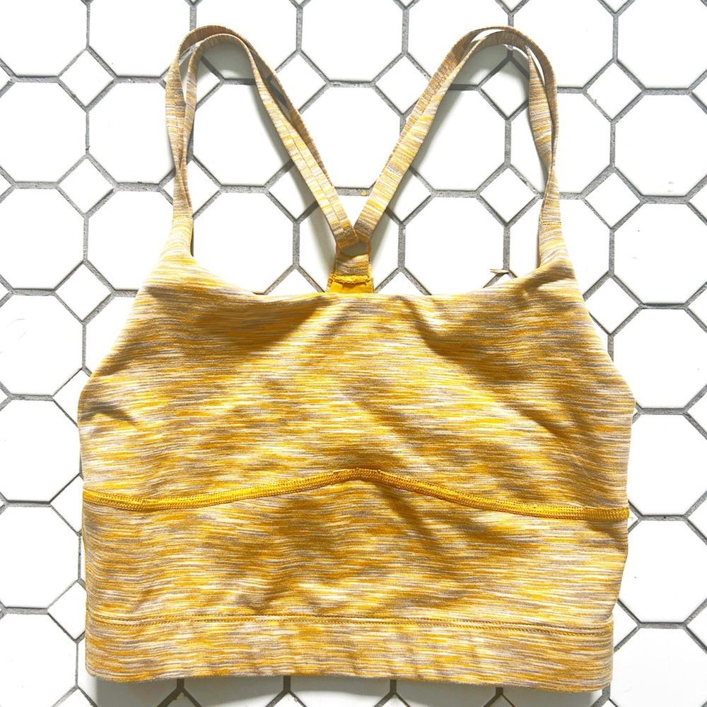 Outdoor Voices heathered mustard yellow longline bra/crop top